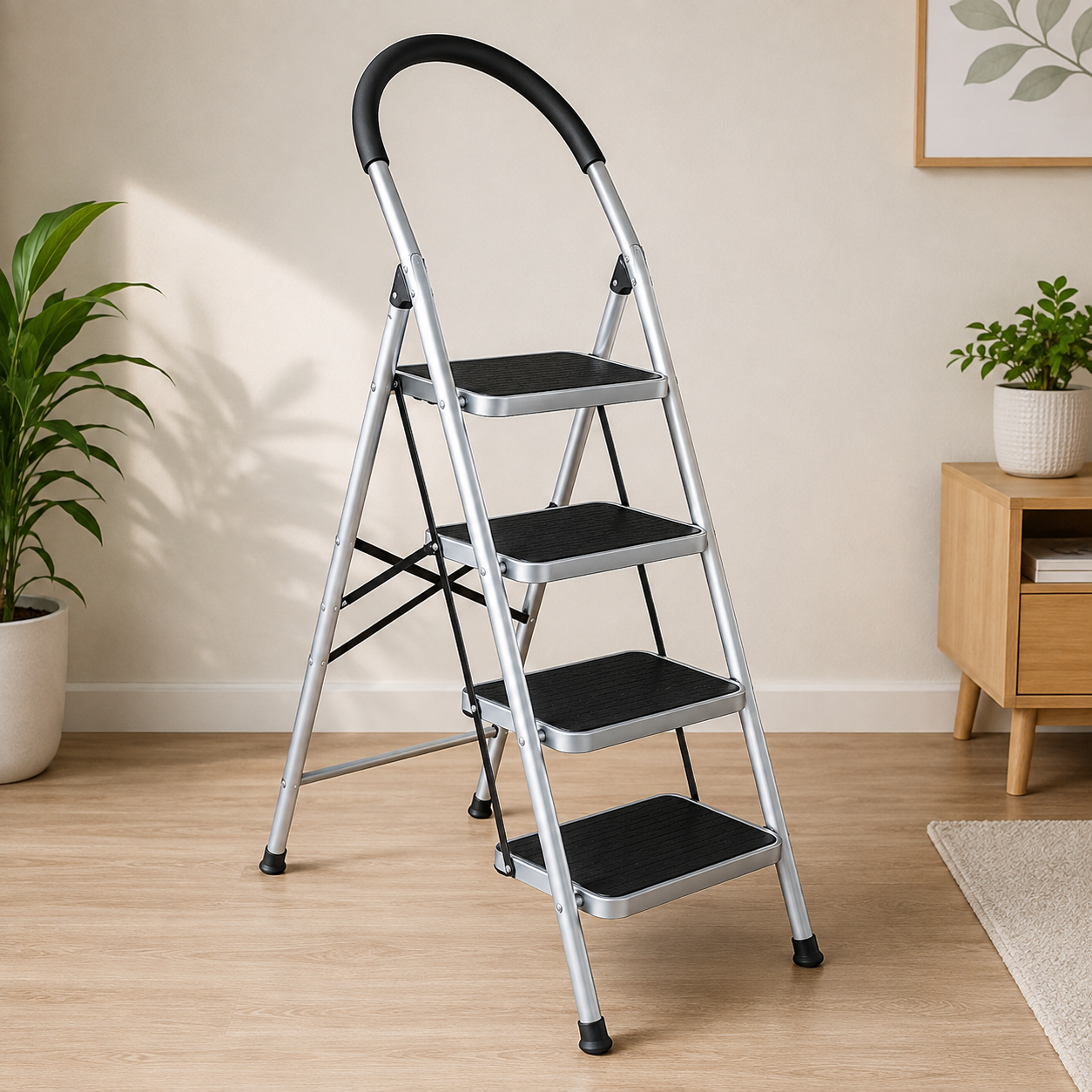 Aluminium 4 Step Folding Ladder With Handrail